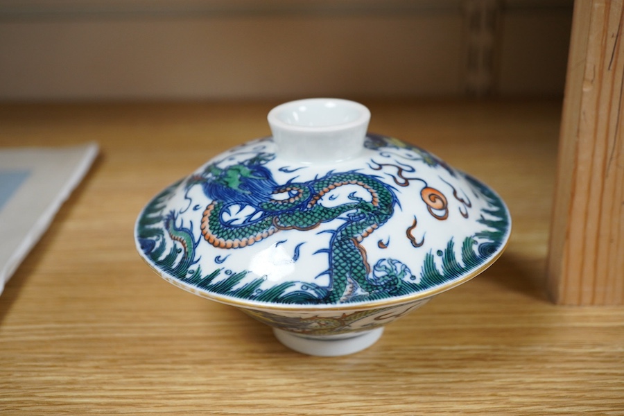 A Chinese Doucai bowl and cover, 14cm diameter. Condition - good